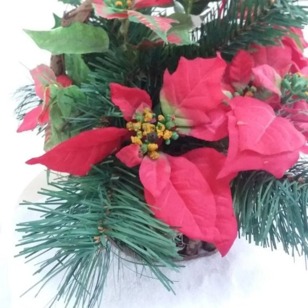 Christmas Grapevine BASKET Poinsettia Holly Berry Evergreen Holiday Décor